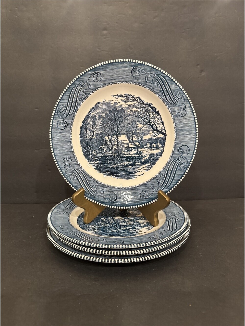 Vintage Currier and Ives (4) “The Old Grist Mill" Blue Dinner Plates 10" Wide